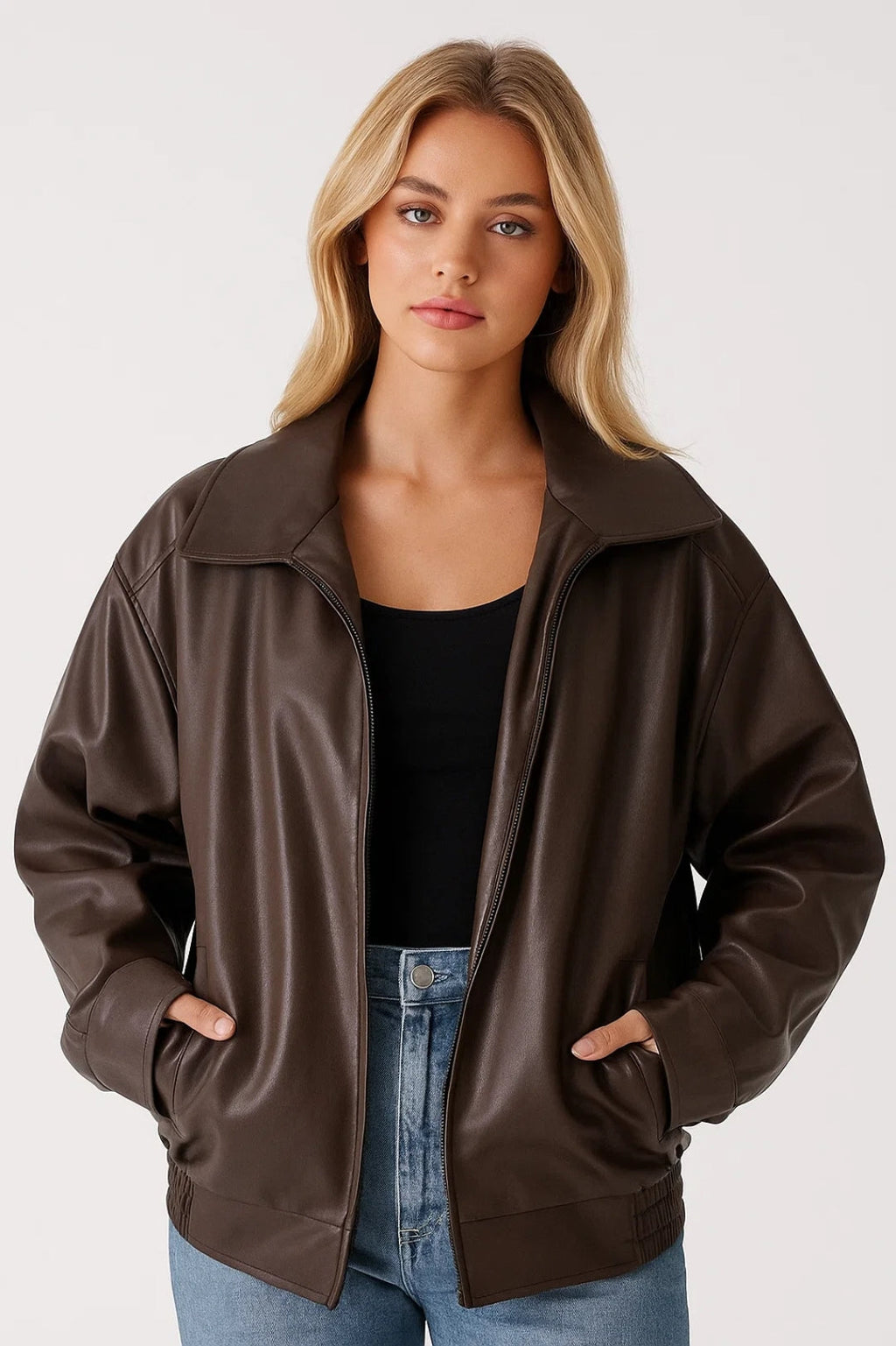 Oversized Faux Leather Jacket Women - Zip Front Street Style