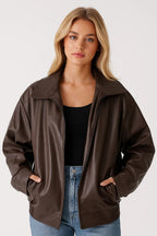 Oversized Faux Leather Jacket Women - Zip Front Street Style