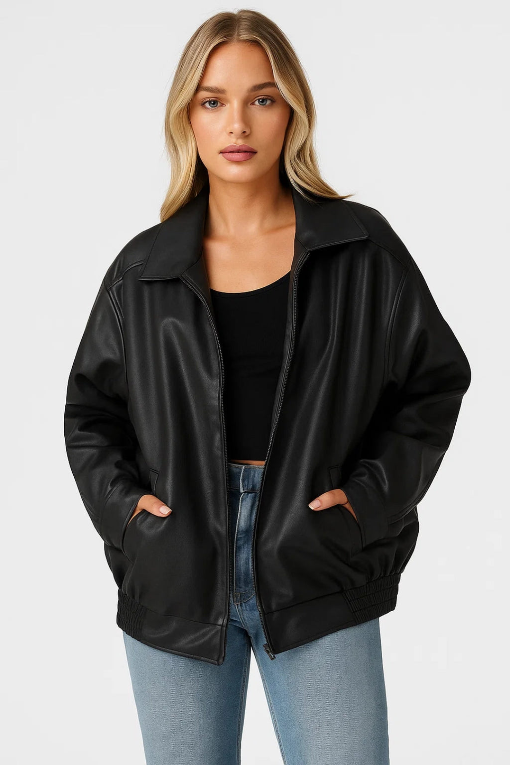 Oversized Faux Leather Jacket Women - Zip Front Street Style