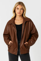 Oversized Faux Leather Jacket Women - Zip Front Street Style