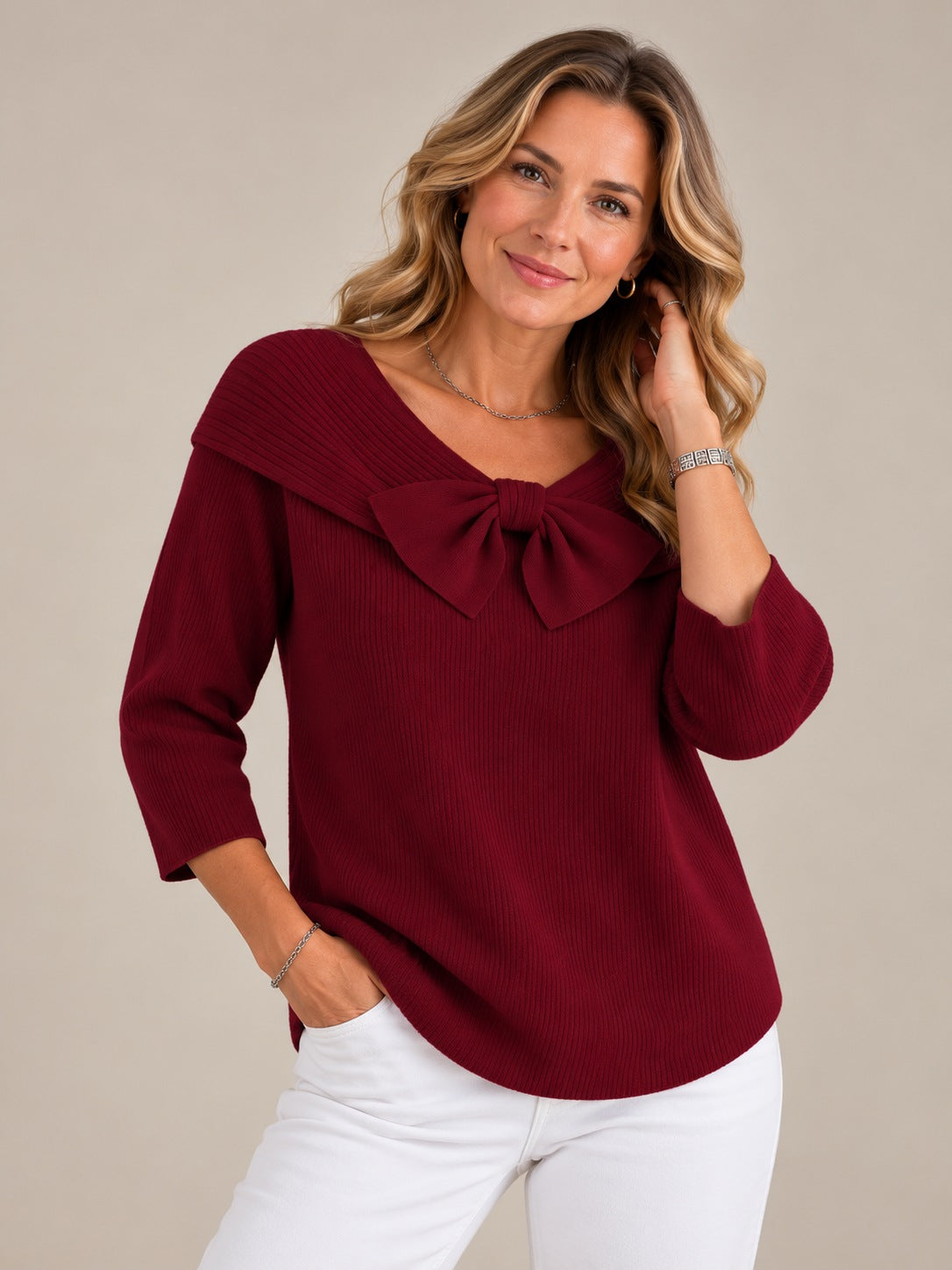 Women's Elegant Bow Sweater — Fitted Feminine Knit Top-Trendy 4 Us