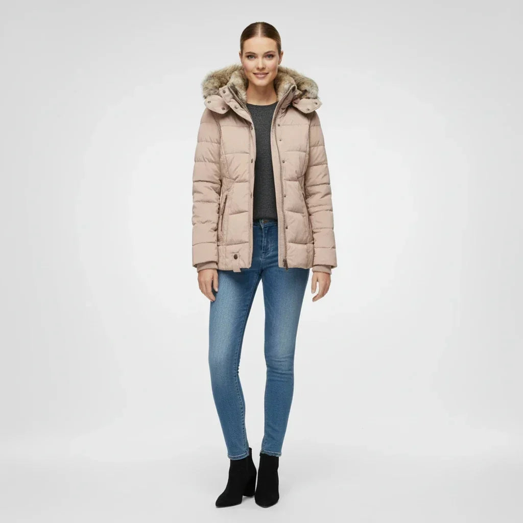 Women's Hooded Quilted Puffer Jacket with Faux Fur Trim-Trendy 4 Us
