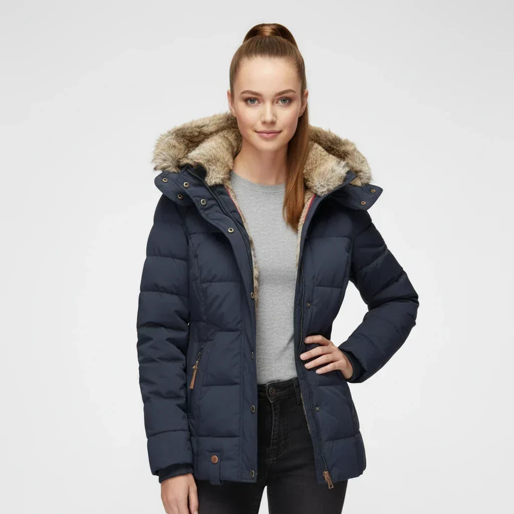 Women's Hooded Quilted Puffer Jacket with Faux Fur Trim-Trendy 4 Us