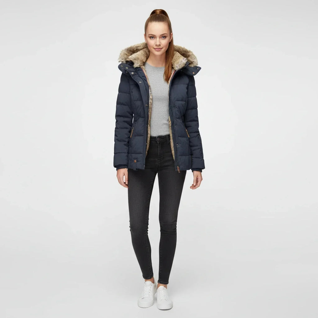 Women's Hooded Quilted Puffer Jacket with Faux Fur Trim-Trendy 4 Us