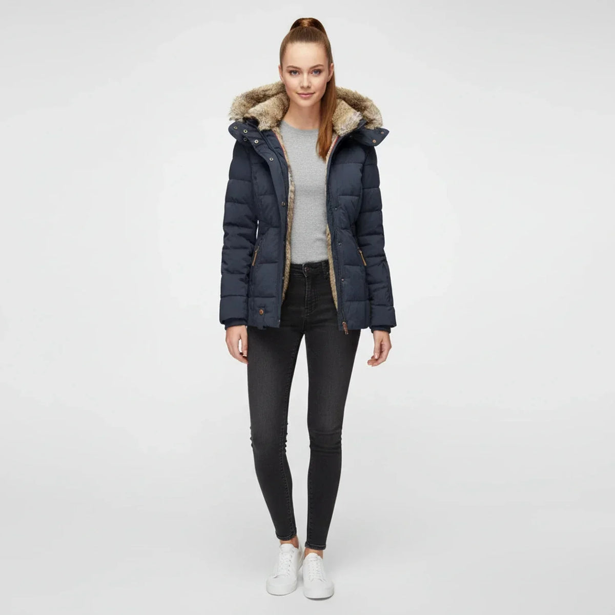 Women's Hooded Quilted Puffer Jacket with Faux Fur Trim-Trendy 4 Us