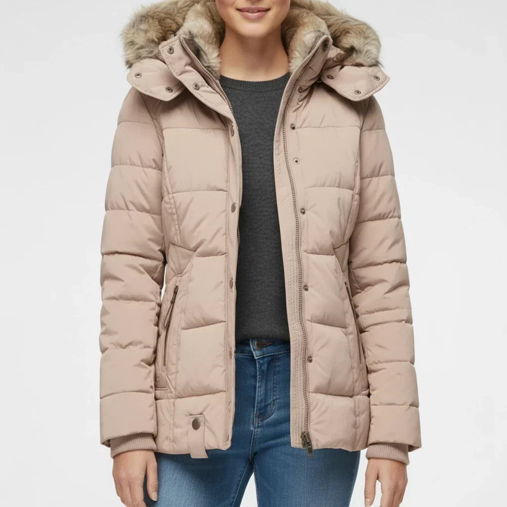 Women's Hooded Quilted Puffer Jacket with Faux Fur Trim-Trendy 4 Us