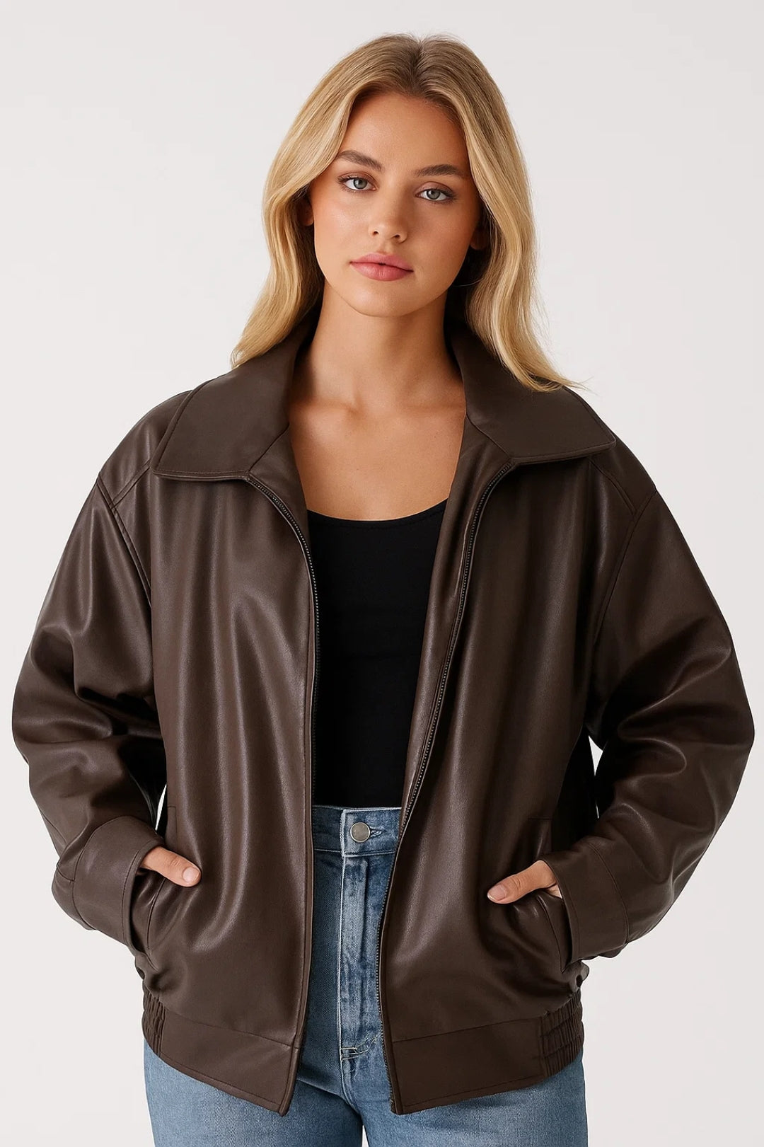 Women's Oversized Faux Leather Jacket - Zip Front Street Style-Trendy 4 Us