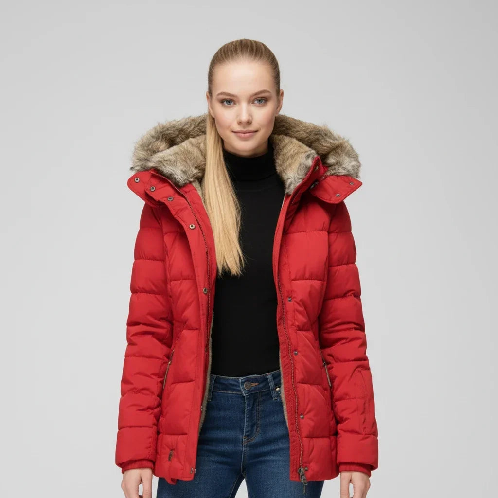 Women's Hooded Quilted Puffer Jacket with Faux Fur Trim