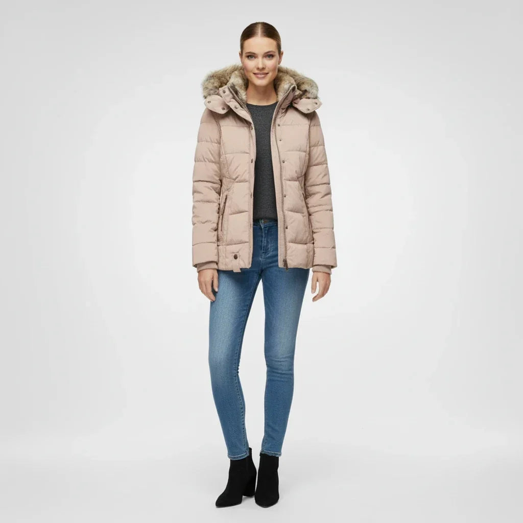 Women's Hooded Quilted Puffer Jacket with Faux Fur Trim