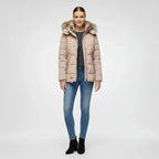 Women's Hooded Quilted Puffer Jacket with Faux Fur Trim