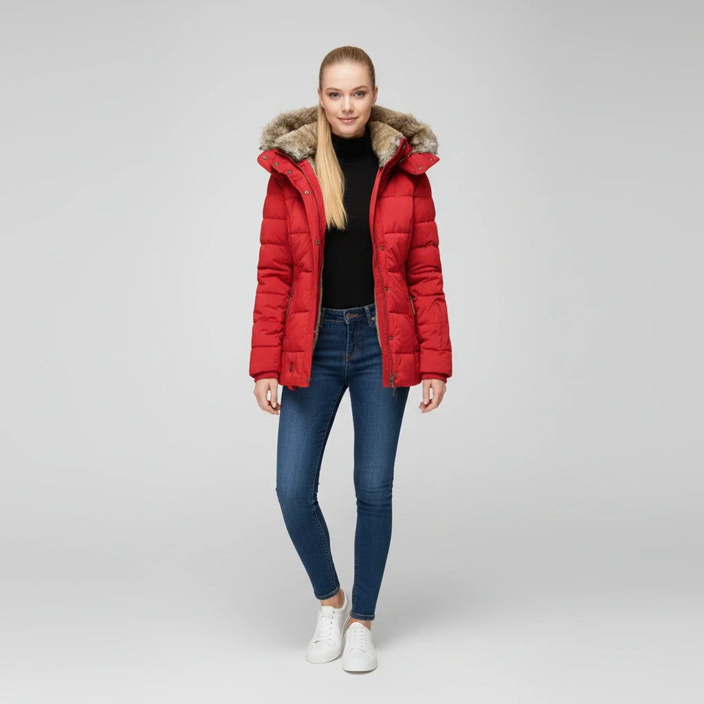 Women's Hooded Quilted Puffer Jacket with Faux Fur Trim