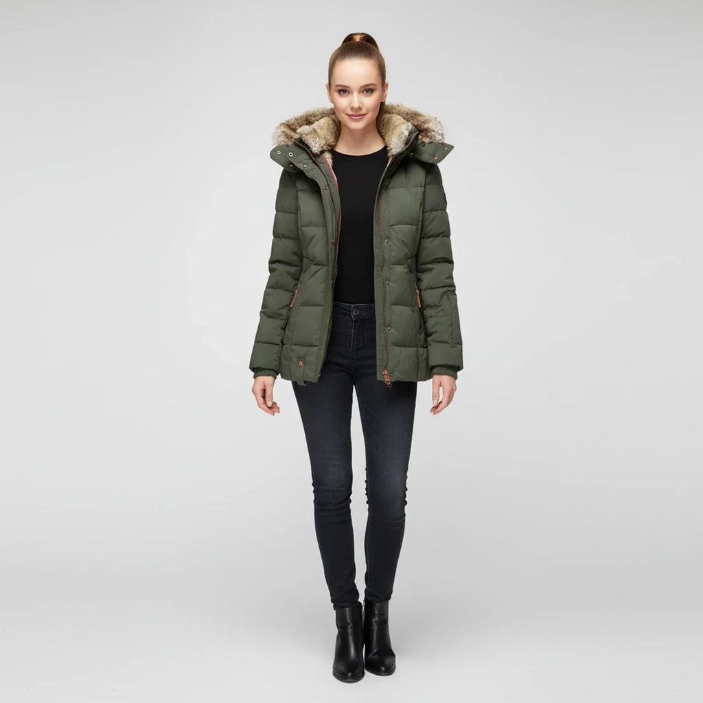 Women's Hooded Quilted Puffer Jacket with Faux Fur Trim
