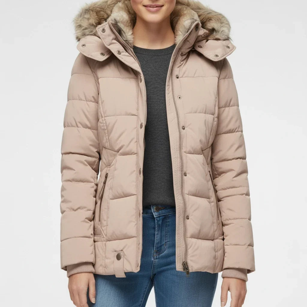 Women's Hooded Quilted Puffer Jacket with Faux Fur Trim