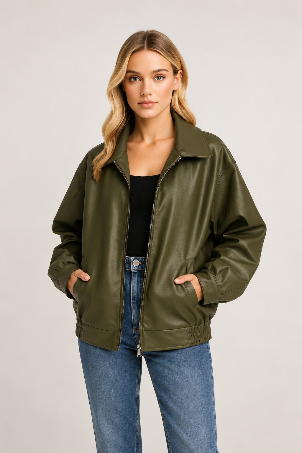 Oversized Faux Leather Jacket Women - Zip Front Street Style