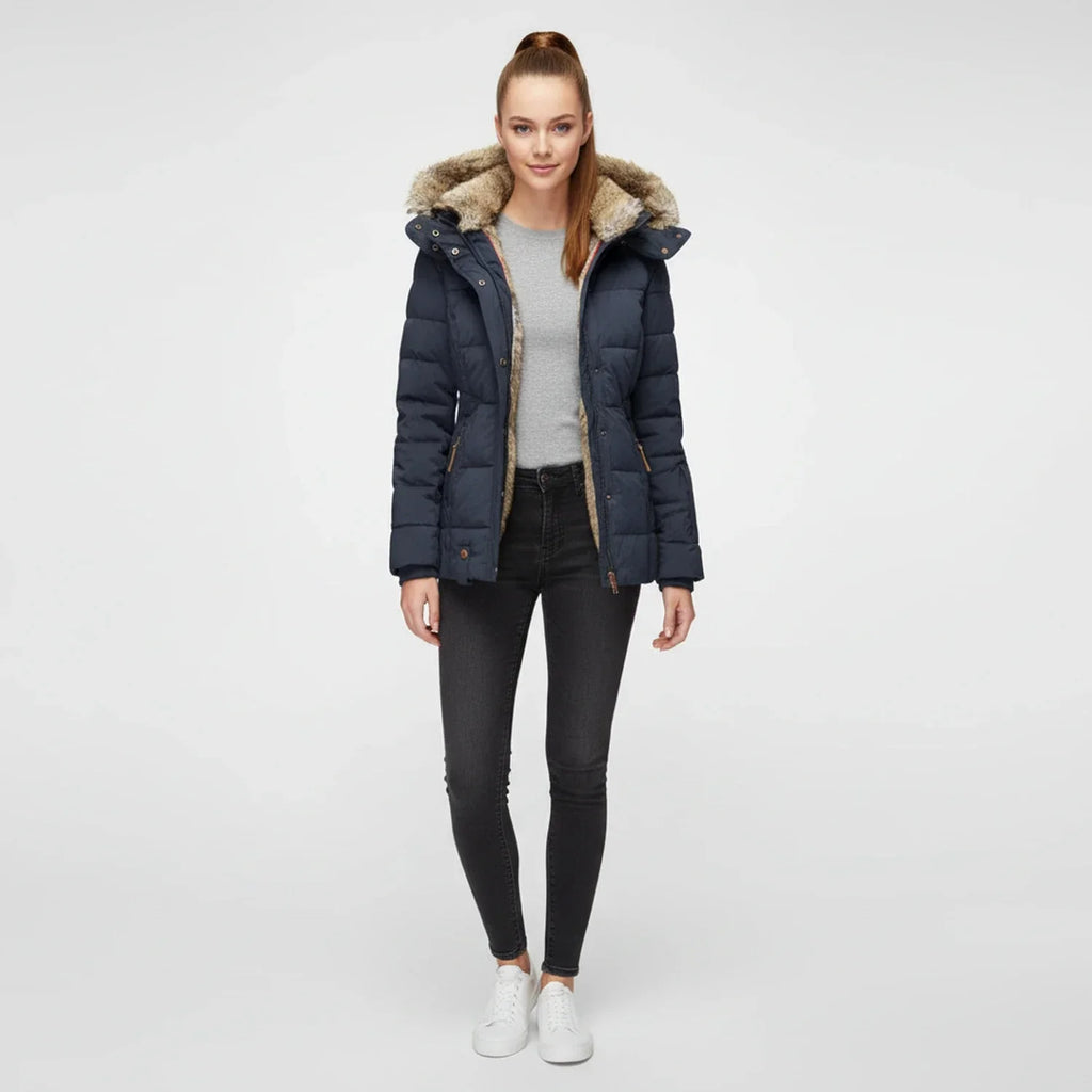 Women's Hooded Quilted Puffer Jacket with Faux Fur Trim