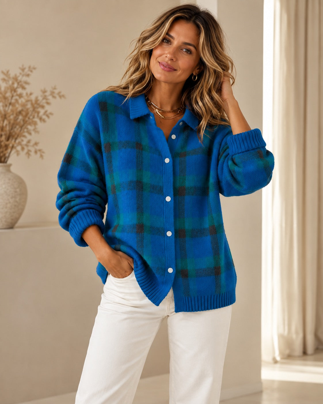 Tesa Plaid Knit Cardigan — Retro Checkered Women's Vest