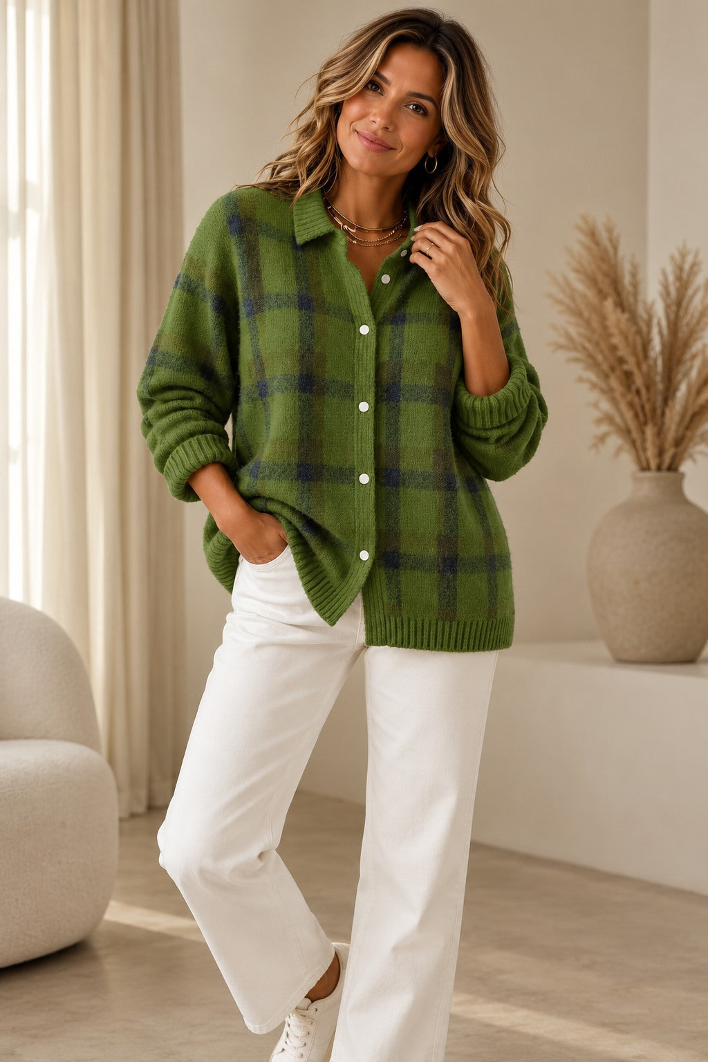 Tesa Plaid Knit Cardigan — Retro Checkered Women's Vest