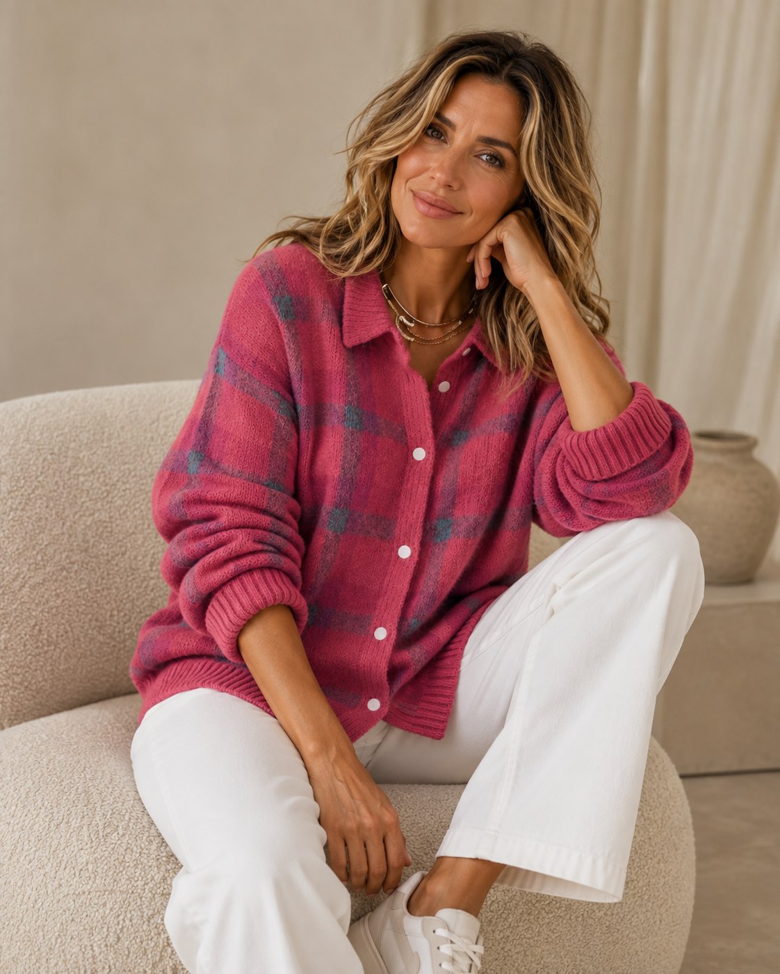 Tesa Plaid Knit Cardigan — Retro Checkered Women's Vest