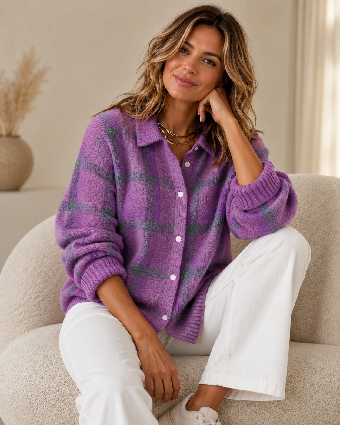 Tesa Plaid Knit Cardigan — Retro Checkered Women's Vest