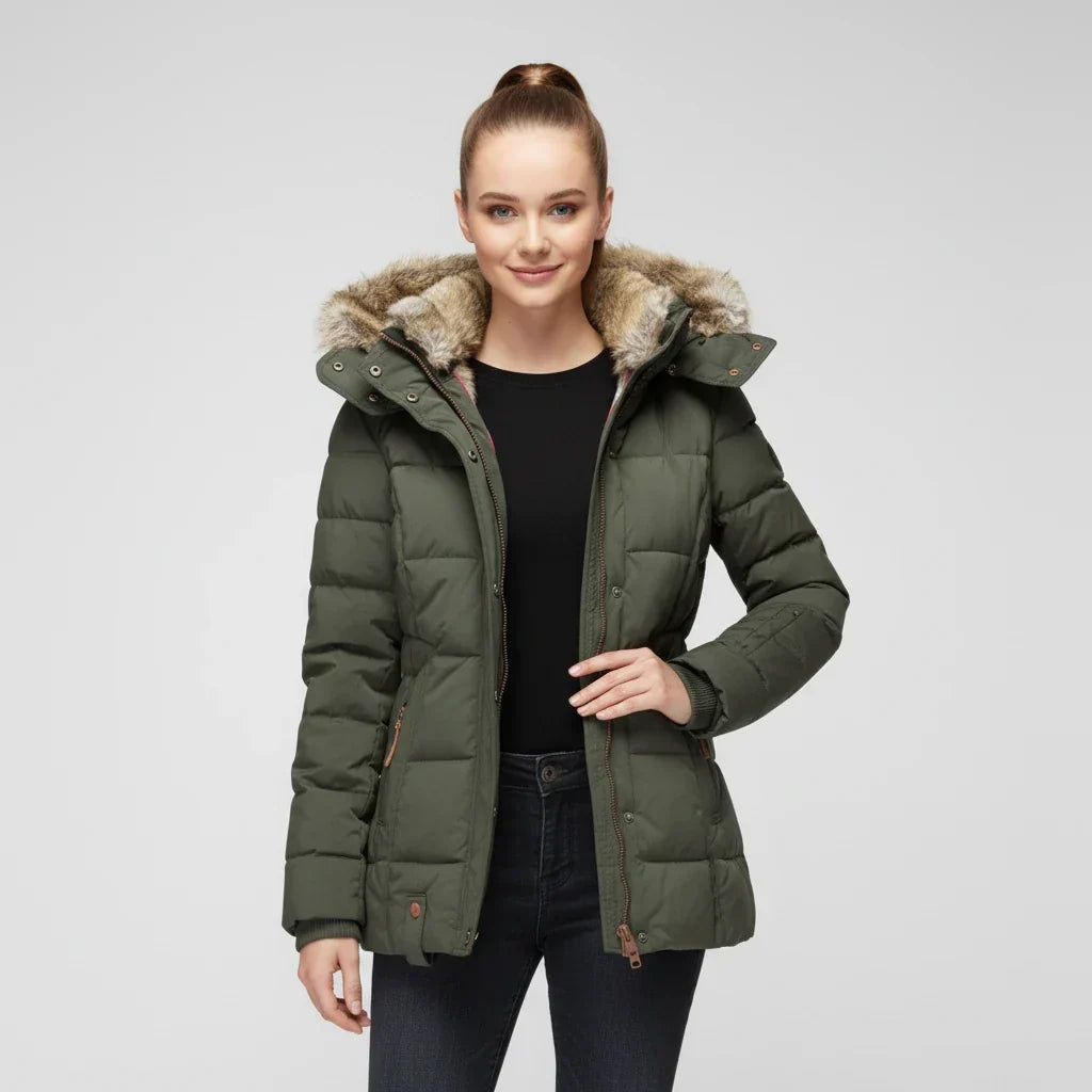 Women's Hooded Quilted Puffer Jacket with Faux Fur Trim