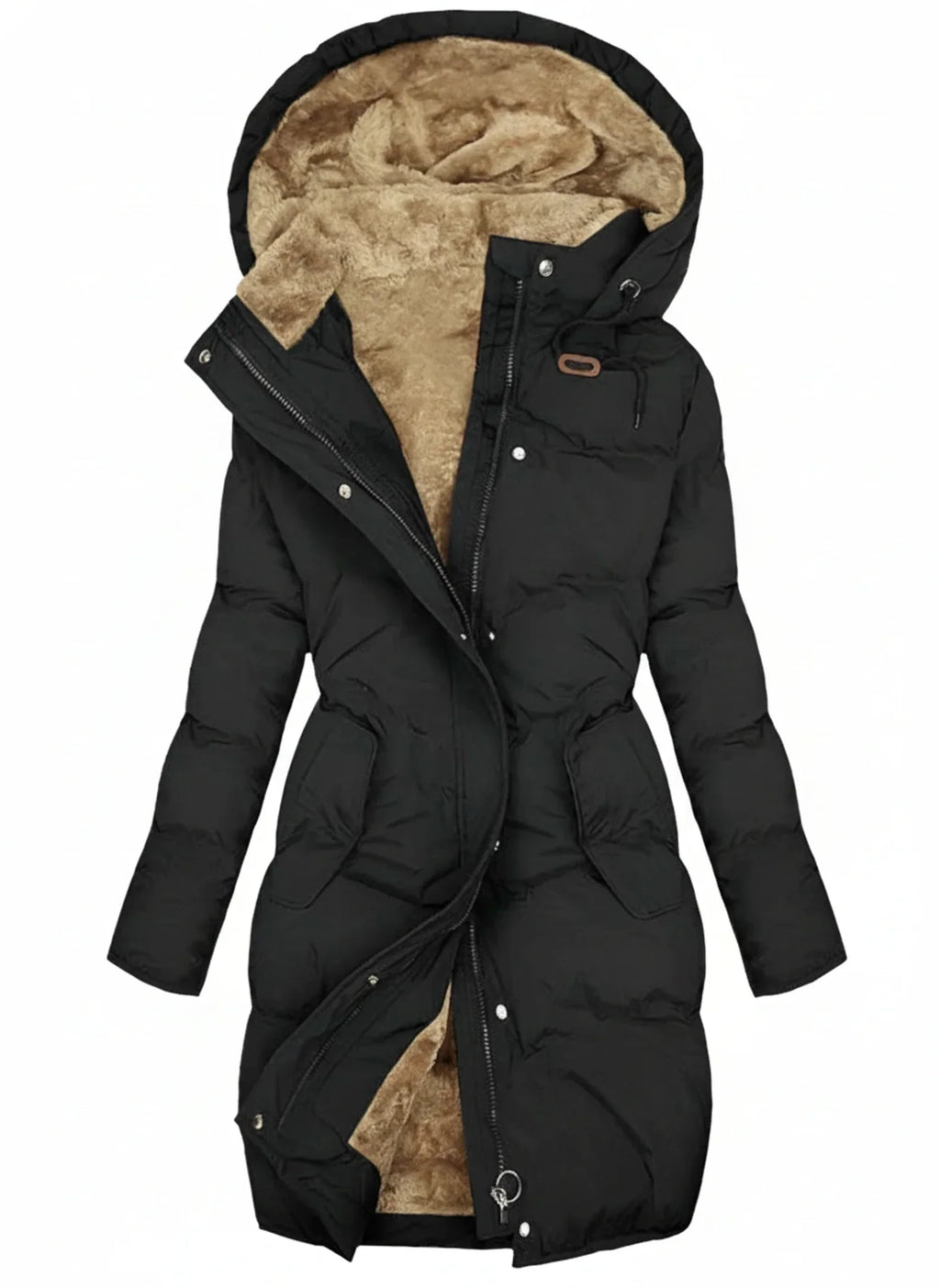 Women's Hooded Long Puffer Jacket with Drawstring Waist