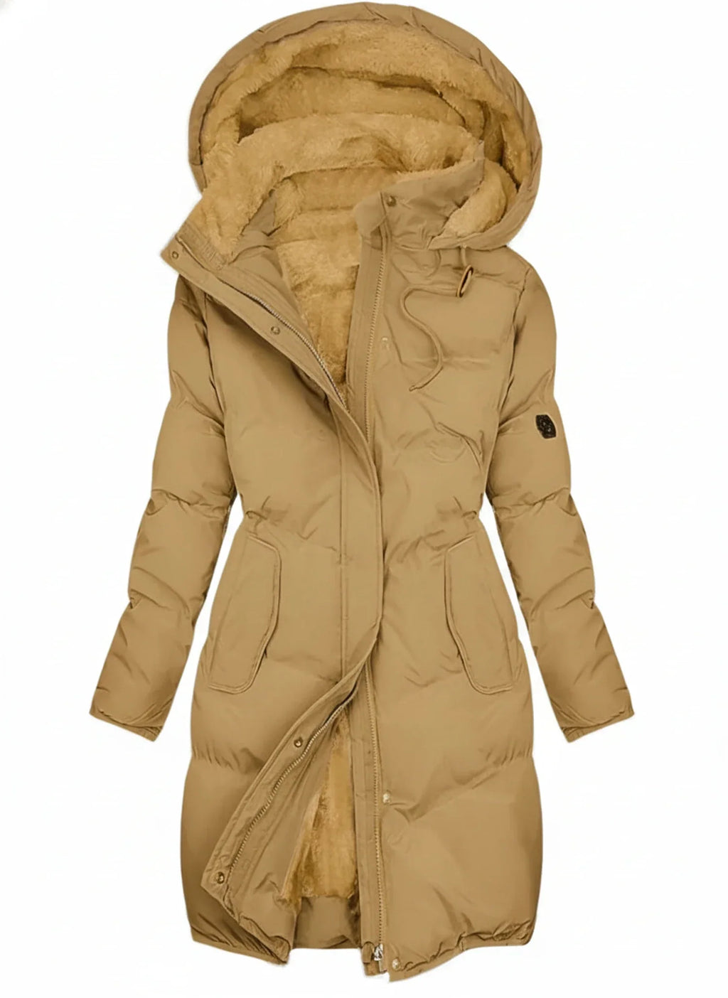 Women's Hooded Long Puffer Jacket with Drawstring Waist