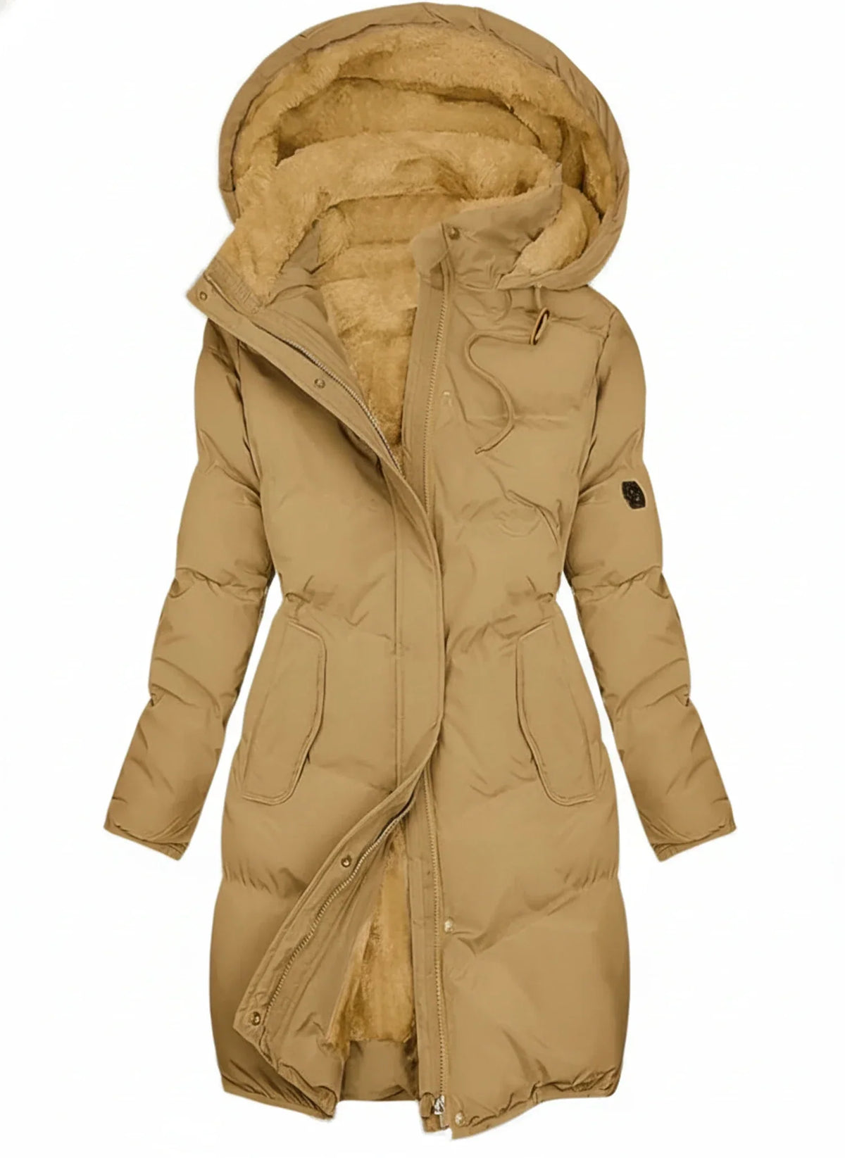 Women's Hooded Long Puffer Jacket with Drawstring Waist