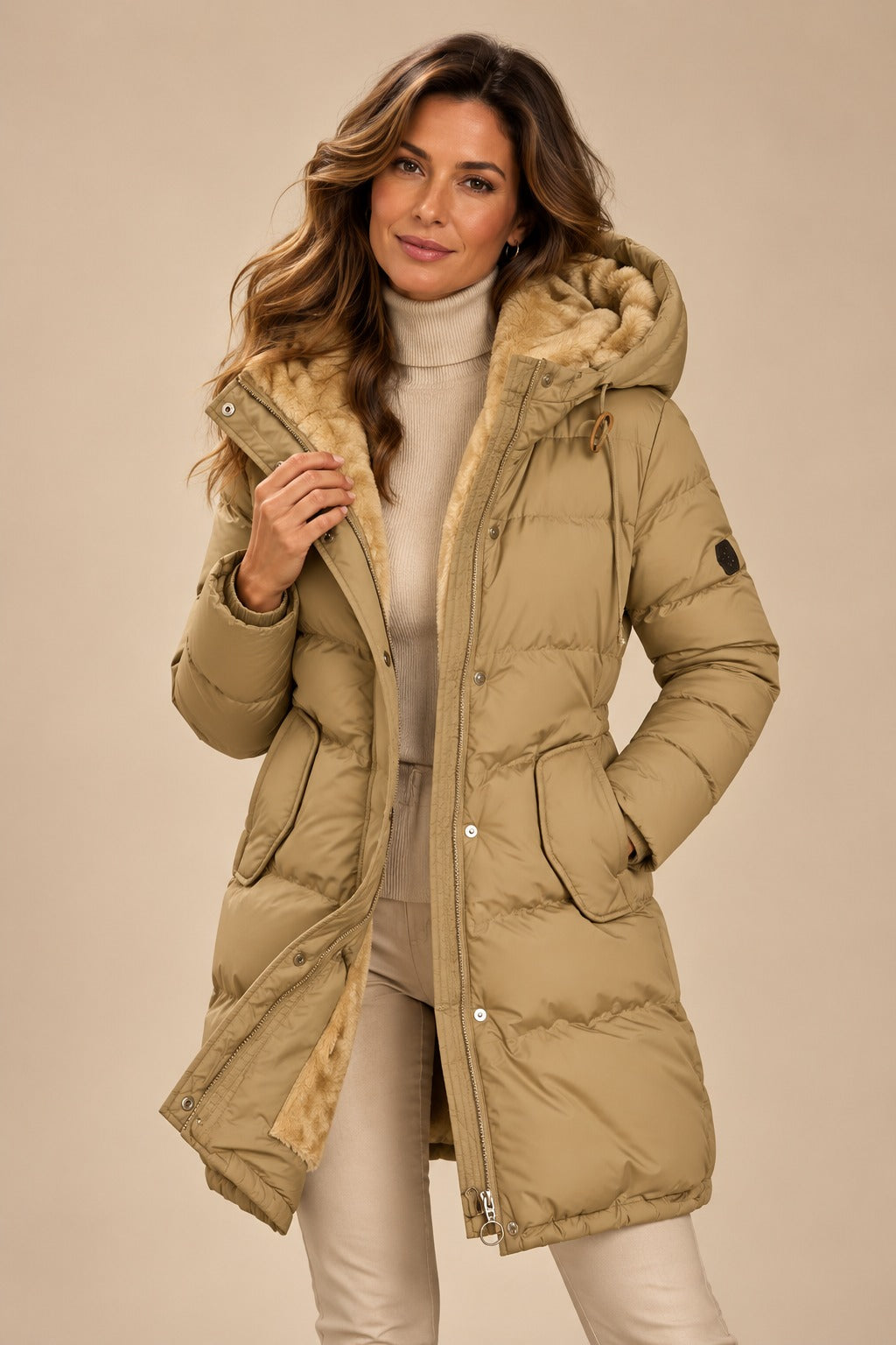 Women's Hooded Long Puffer Jacket with Drawstring Waist