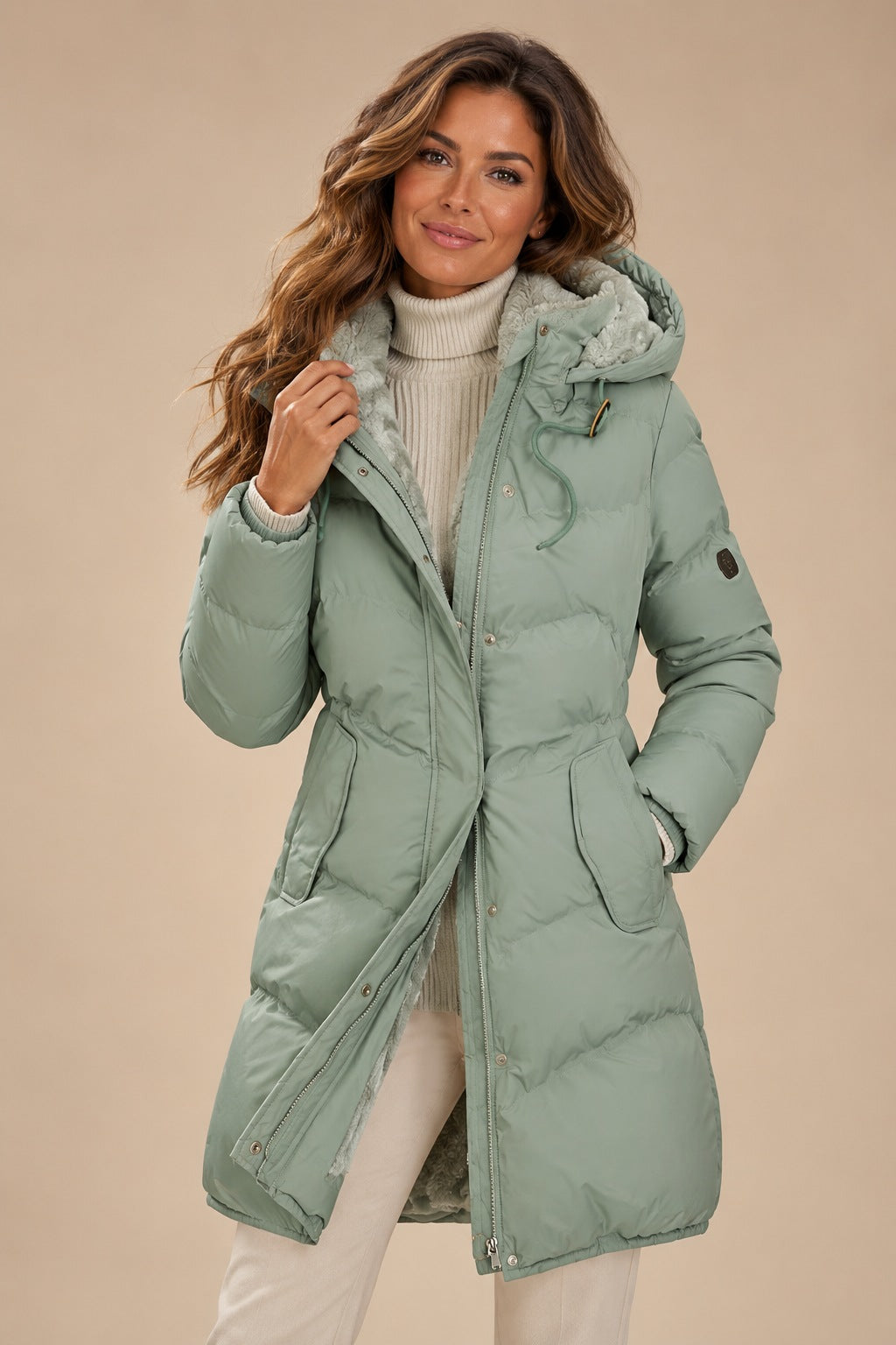 Women's Hooded Long Puffer Jacket with Drawstring Waist